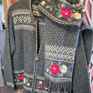 RARE FIND!! Vintage Talbots 100% Wool Matching Zip Cardigan, Hat, & Scarf Set